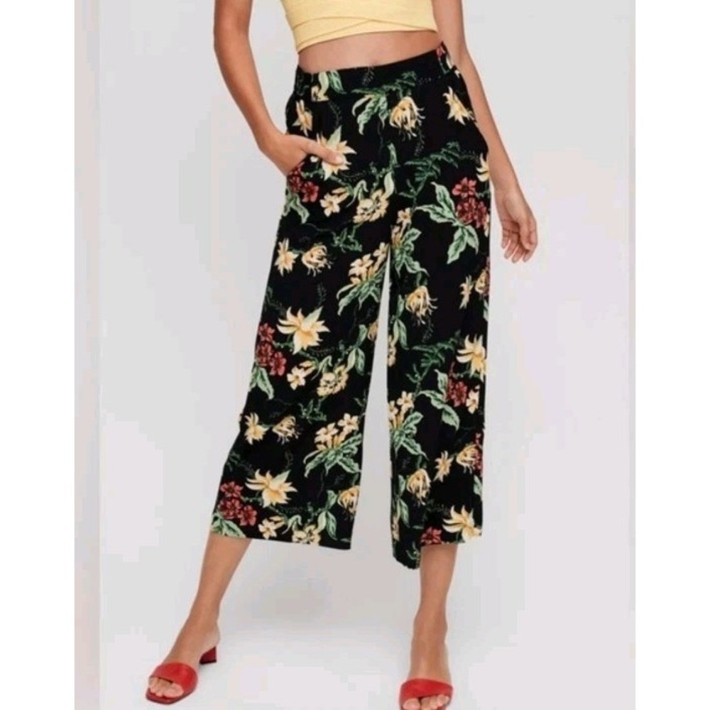 Aritzia Wilfred Faun Pants High Rise Tie Waist Pockets Wide Leg Black Floral XXS